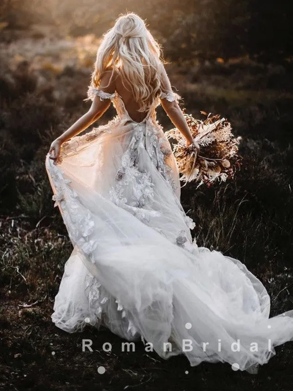 A-Line Off The Shoulder Lace Tulle Long Wedding Dresses,RBWD0018