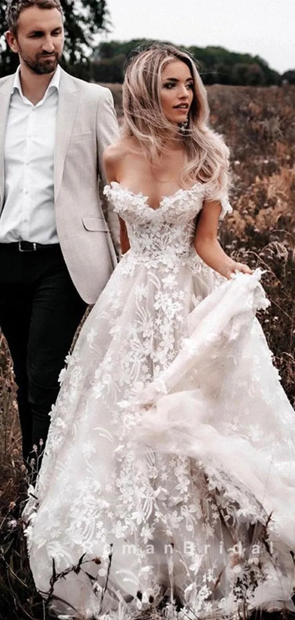 A-Line Off The Shoulder Lace Tulle Long Wedding Dresses,RBWD0018