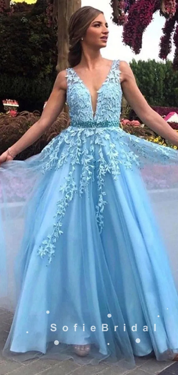 A-Line V-Neck Sleeveless Blue Lace Tulle Long Prom Dresses With Beading,SFPD0027