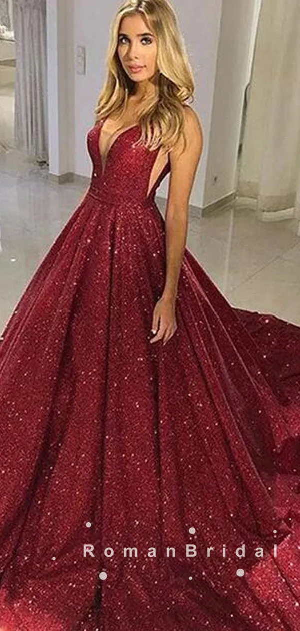 A-Line V-Neck Spaghetti Straps Dark Red Sweep Train Prom Dresses,RBPD0013