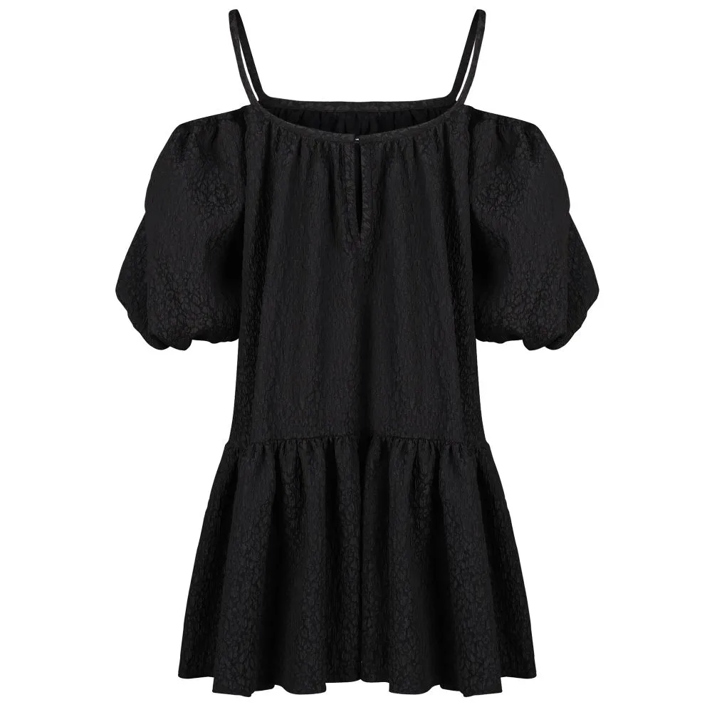 Balloon Sleeved Leopard Matelasse Gathered Mini Dress