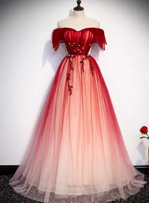 Beautiful Long Red Off Shoulder Tulle Gradient Party Dress, New Prom Dress