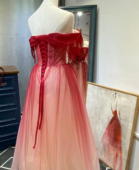 Beautiful Long Red Off Shoulder Tulle Gradient Party Dress, New Prom Dress
