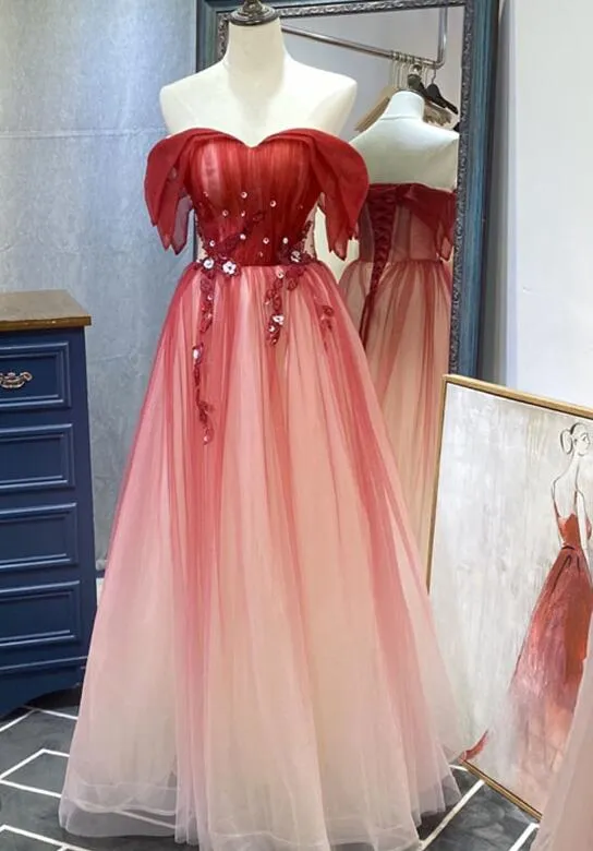 Beautiful Long Red Off Shoulder Tulle Gradient Party Dress, New Prom Dress