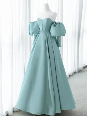 Blue Satin A-line Sweetheart Strapless Party Dress, Blue Satin Long Prom Dress