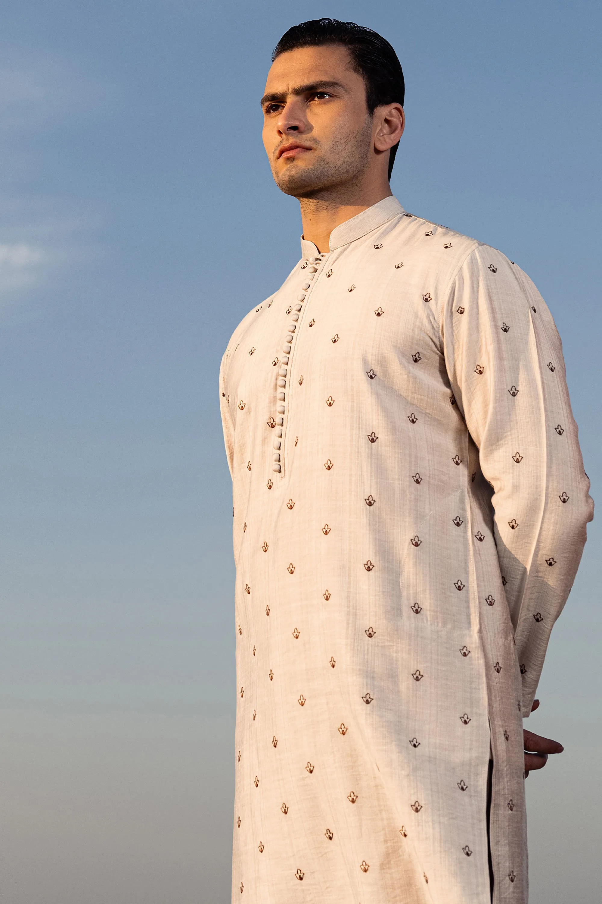 Caramel White Embroidered Kurta