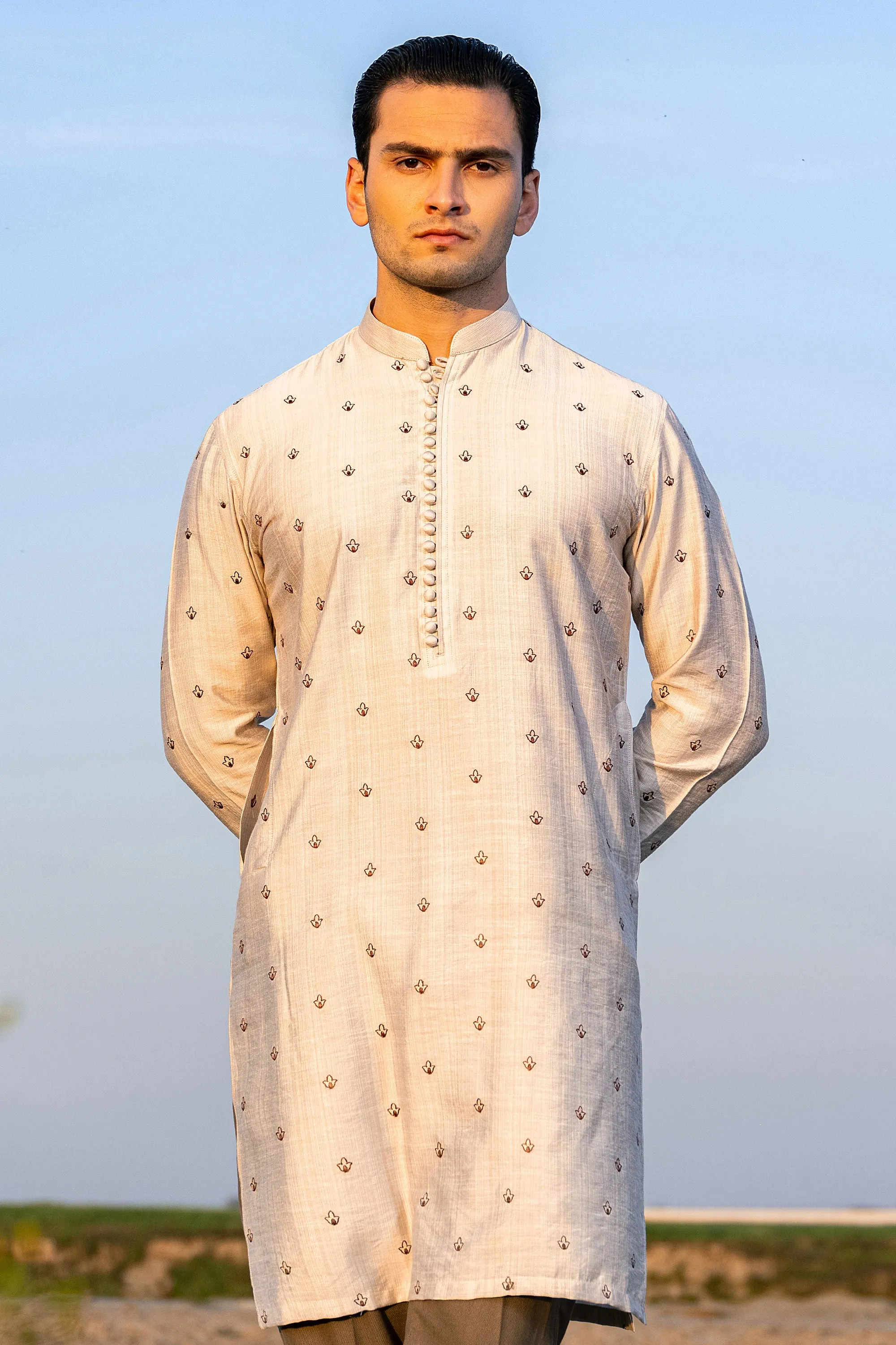 Caramel White Embroidered Kurta