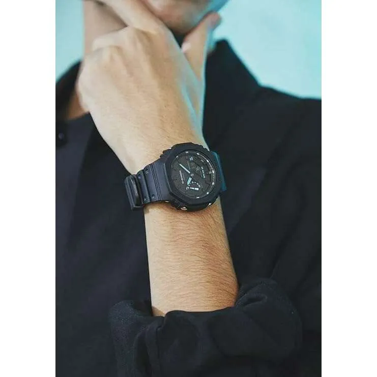 CASIO G-SHOCK CARBON CORE GUARD BLACK RUBBER STRAP WHITE HANDS MEN WATCH GA-2100-1AJF