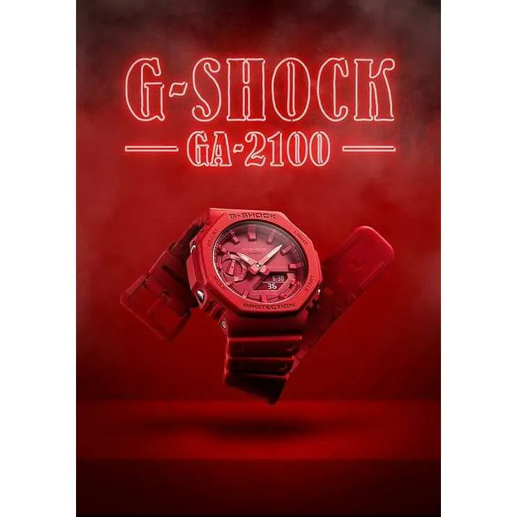 CASIO G-SHOCK CARBON CORE GUARD BLACK RUBBER STRAP WHITE HANDS MEN WATCH GA-2100-1AJF