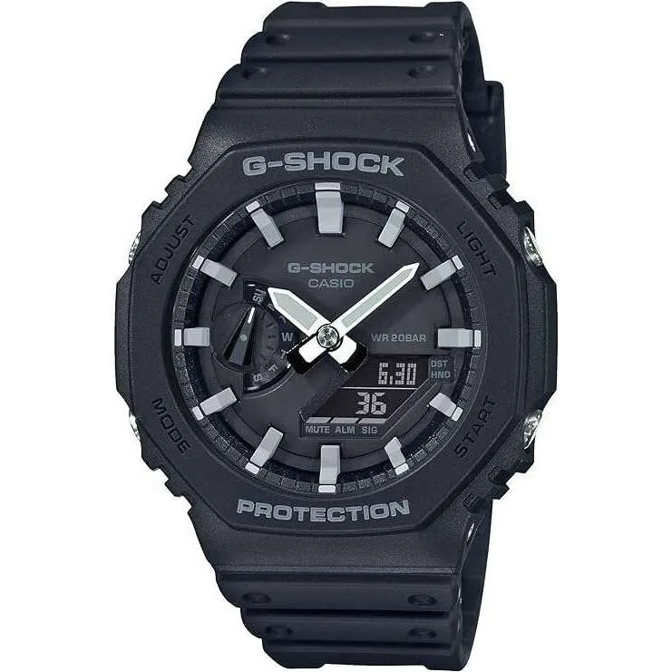 CASIO G-SHOCK CARBON CORE GUARD BLACK RUBBER STRAP WHITE HANDS MEN WATCH GA-2100-1AJF