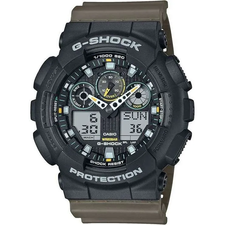 CASIO G-SHOCK DAY-DATE TWO TONE UTILITY COLORS SERIES OLIVE GREEN MEN WATCH GA-100TU-1A3JF