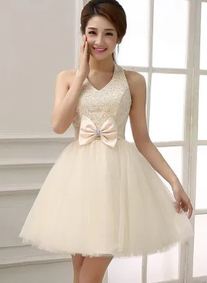 Champagne Halter V-neckline Knee Length Lace with Bow Party Dress, Champagne Homecoming Dresses
