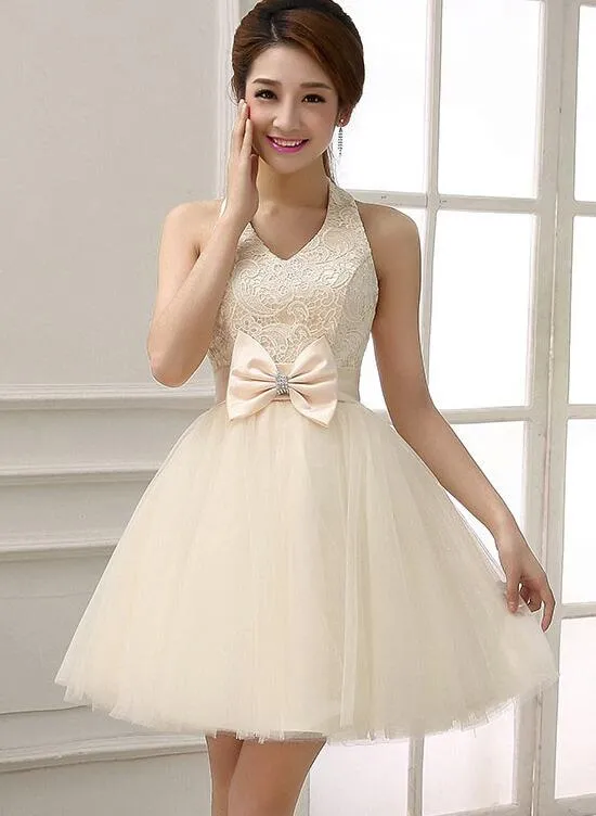 Champagne Halter V-neckline Knee Length Lace with Bow Party Dress, Champagne Homecoming Dresses