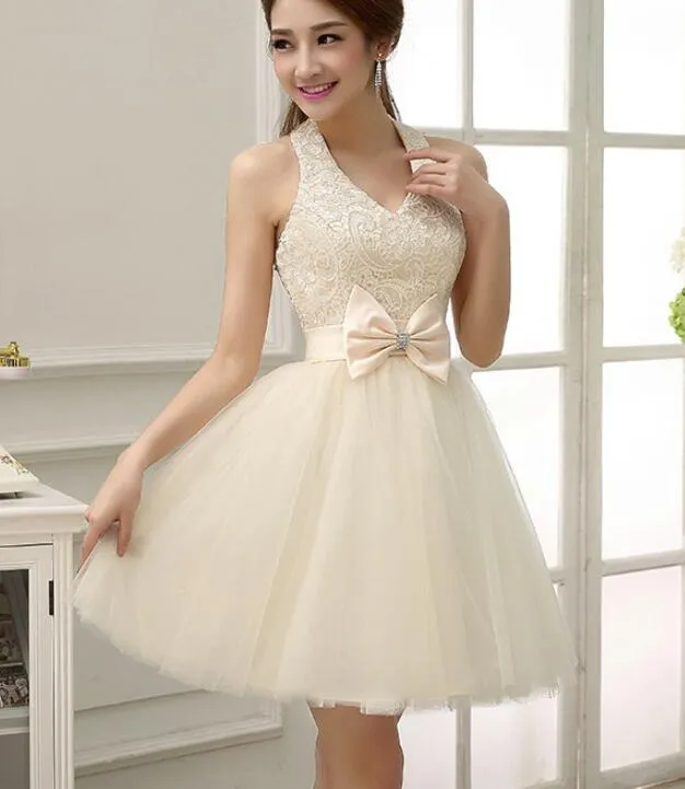 Champagne Halter V-neckline Knee Length Lace with Bow Party Dress, Champagne Homecoming Dresses