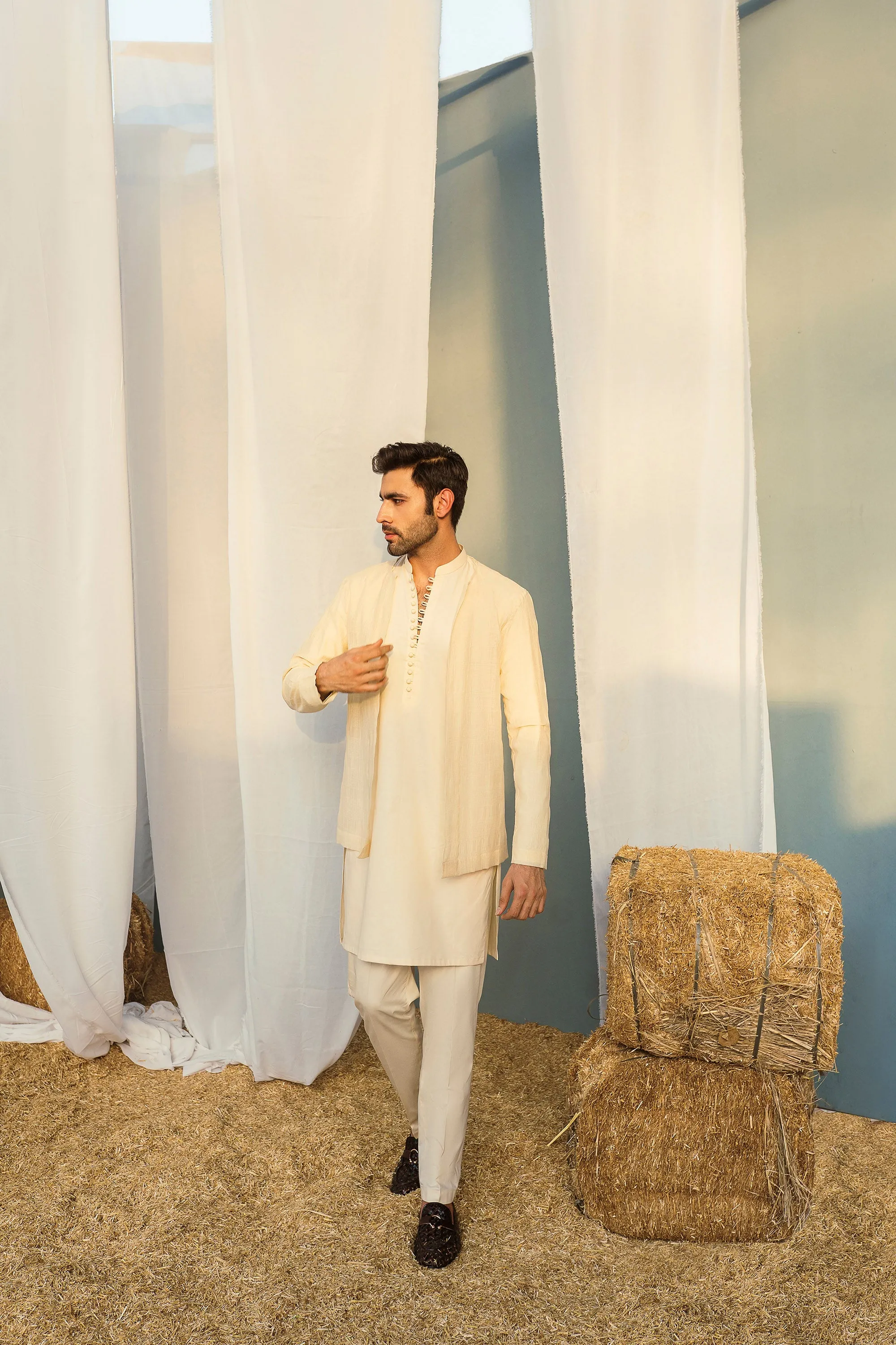 Cream White Layered Kurta Set