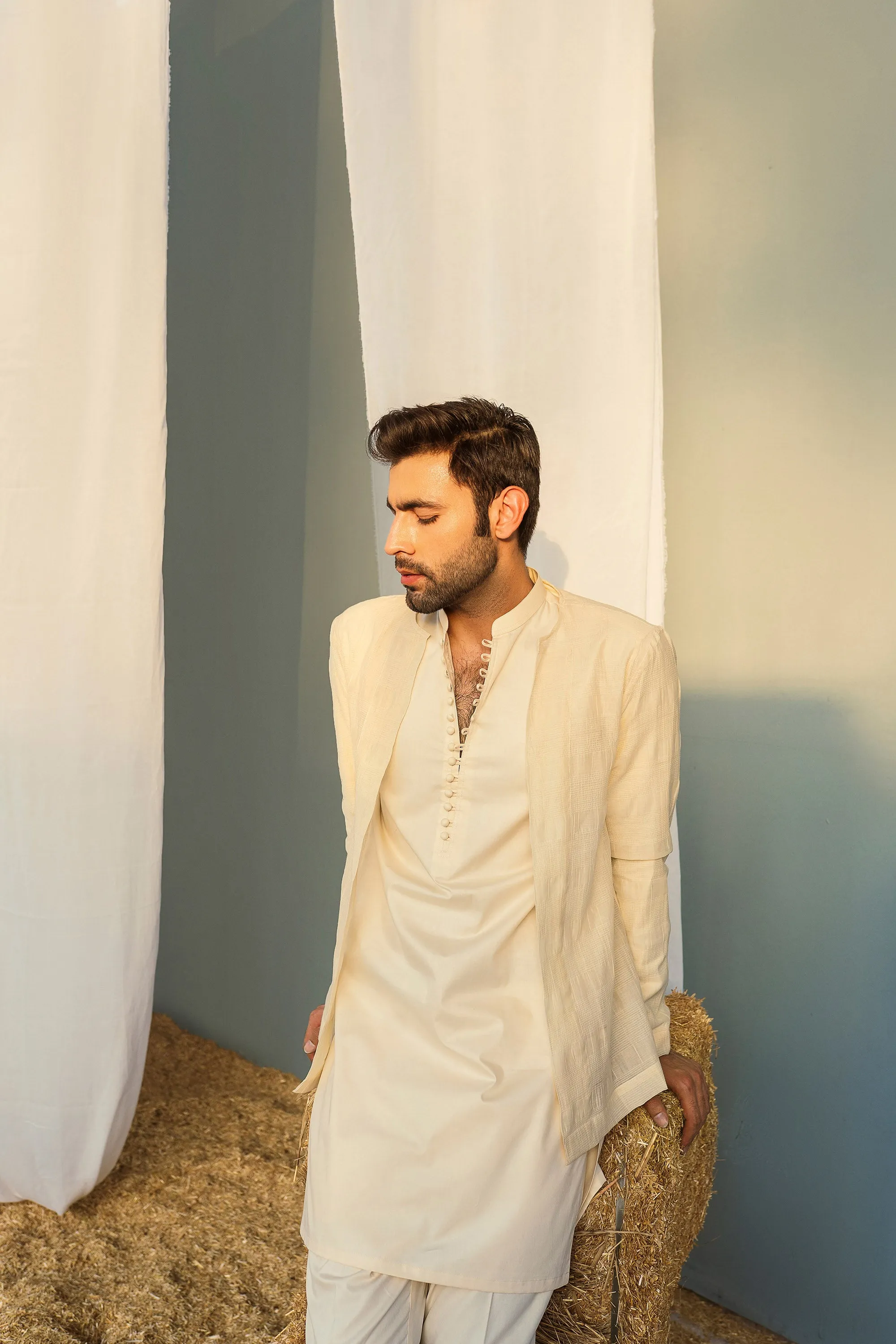 Cream White Layered Kurta Set