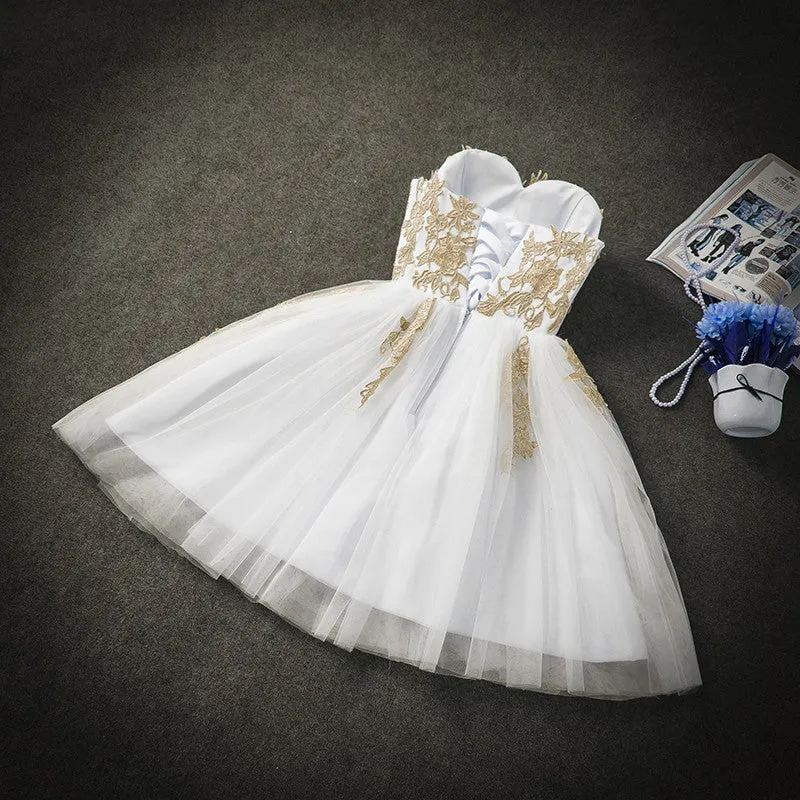 Cute White Tulle Party Dress with Gold Applique, Prom Dresses, Short Prom Dresses