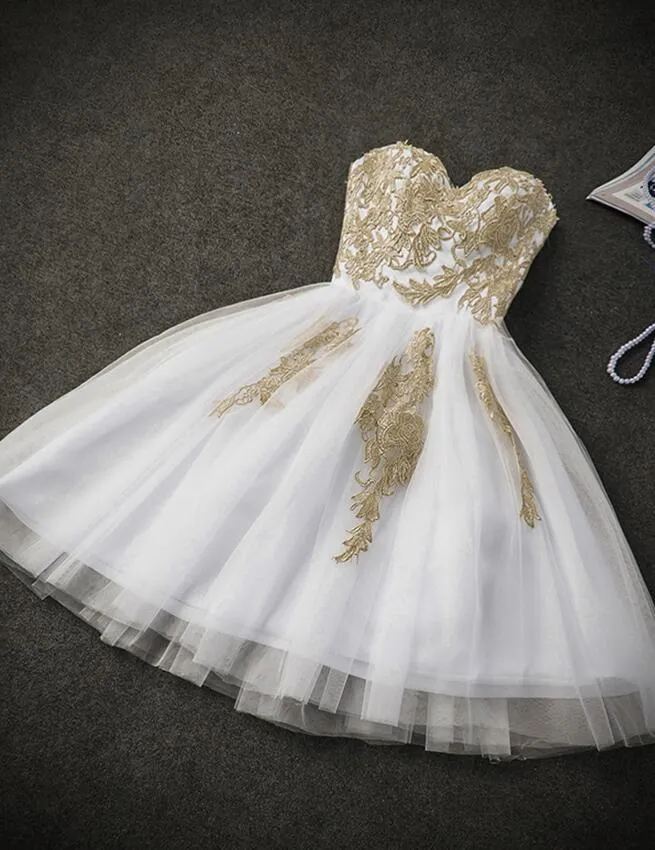 Cute White Tulle Party Dress with Gold Applique, Prom Dresses, Short Prom Dresses