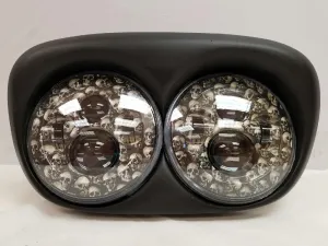 DUAL 7" DAYMAKER CUSTOM SKULL LED ROAD GLIDE Black Light Bulb Headlight Motorcycle Harley   Bezel
