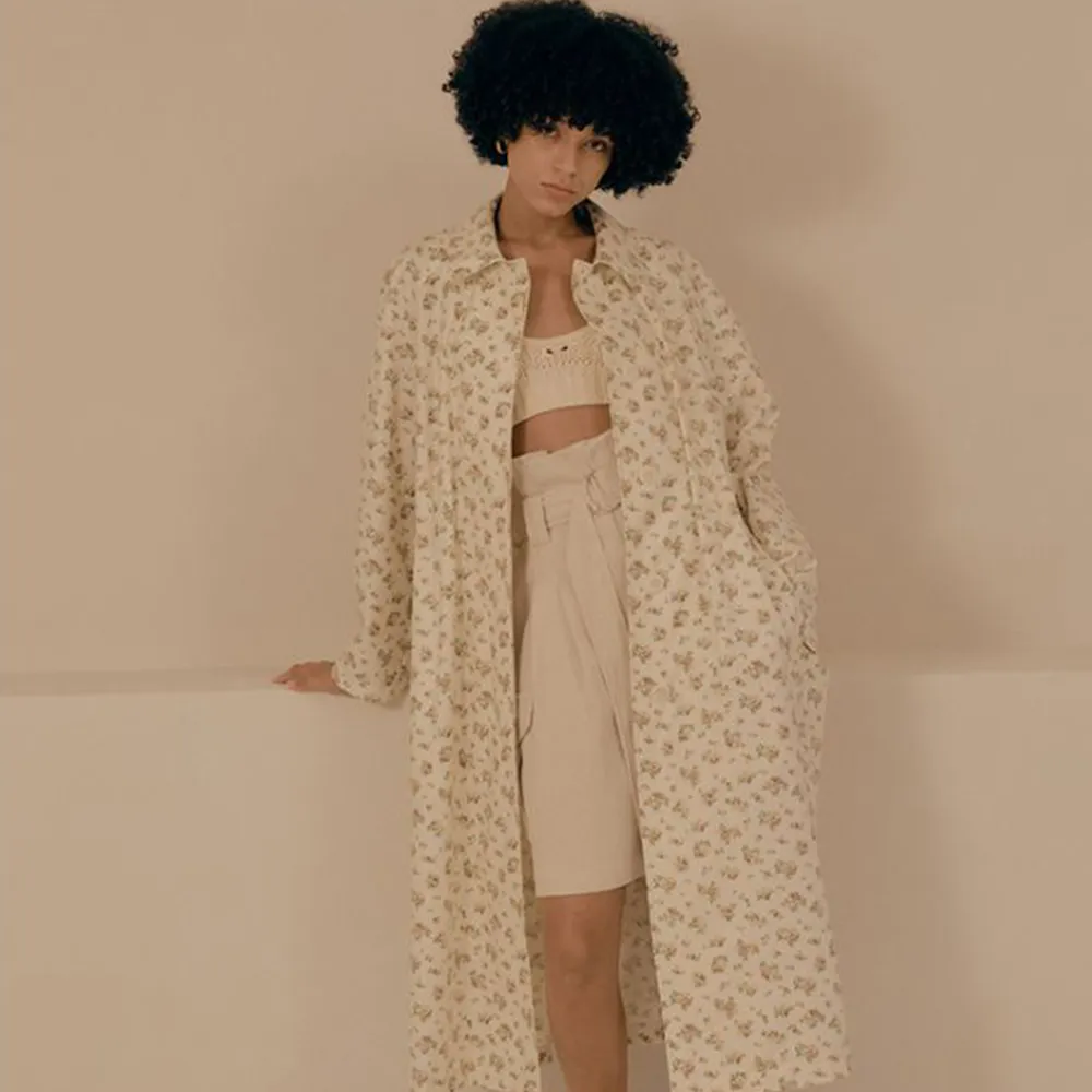 Floral-Print Single-Breasted Coated Trench Coat