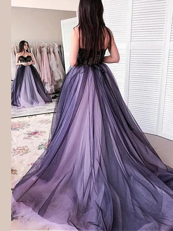 Gothic Strapless Black And Lavender Sweetheart A-line Tulle Long Prom Dress, PD3146
