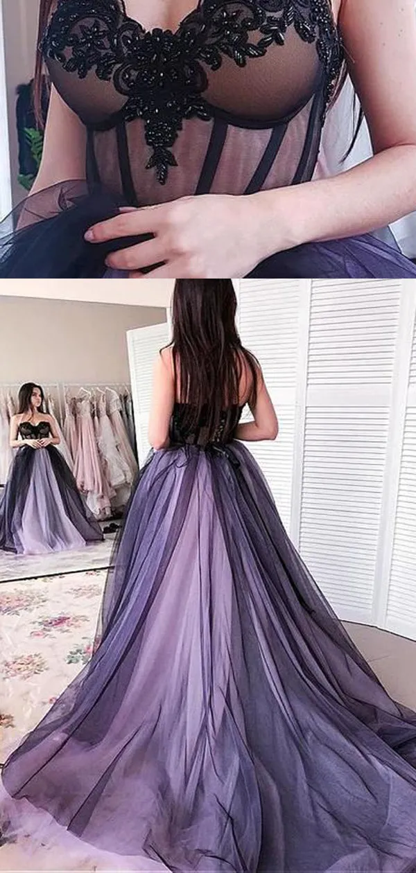 Gothic Strapless Black And Lavender Sweetheart A-line Tulle Long Prom Dress, PD3146