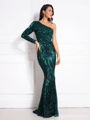 Green Mermaid Long Sleeves One Shoulder Cheap Prom Dresses Online,12967