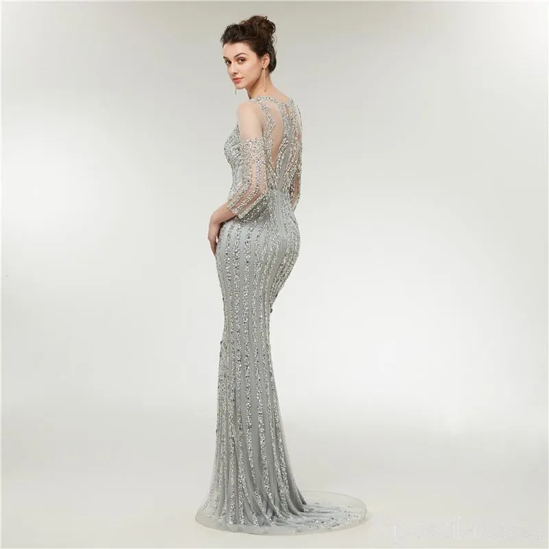 Long Sleeves Lace Beaded Mermaid Long Evening Prom Dresses, Evening Party Prom Dresses, 12003