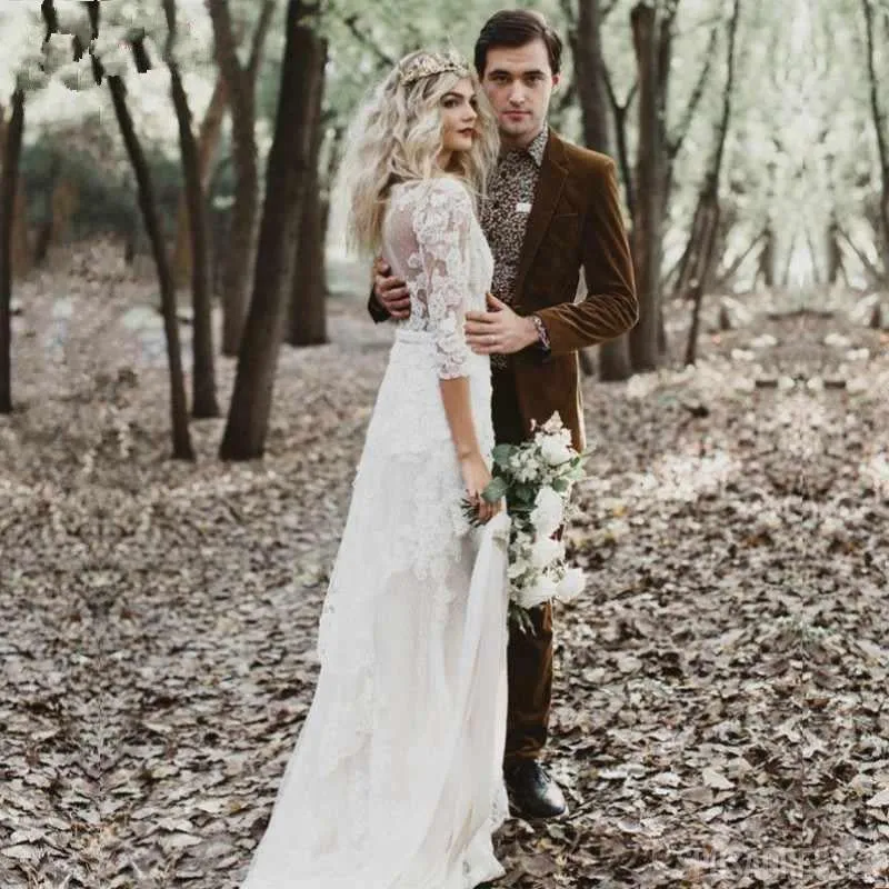 Long Sleeves See Through Lace Boho Wedding Dresses, Cheap Wedding Gown, WD686