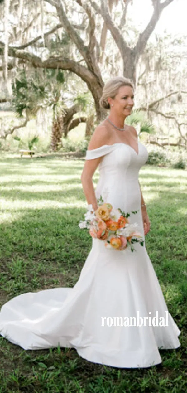 Mermaid Off-shoulder Satin Cheap Long Wedding Dresses Online,RBWD0021