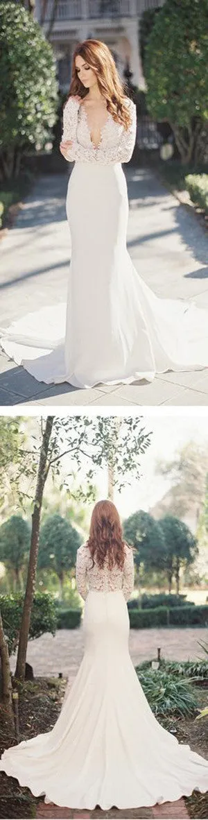 Mermaid Wedding Party Dresses,Sexy Deep V-Neck Long Sleeve Lace Wedding Party Dress,SVD538