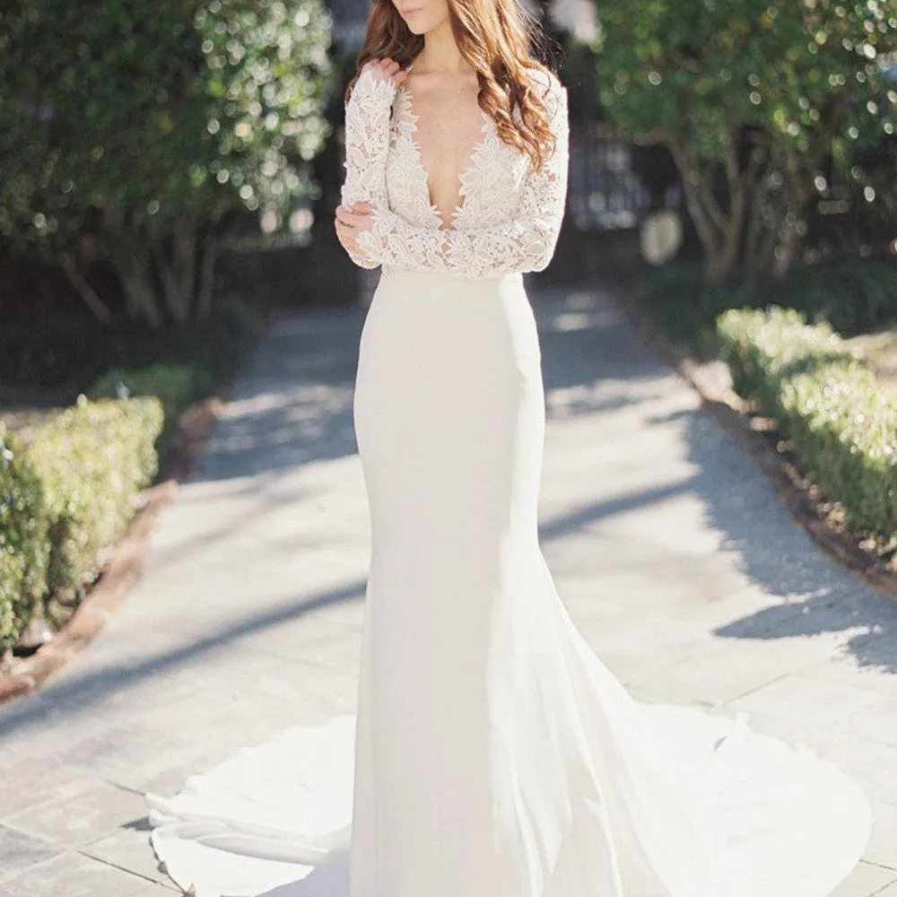 Mermaid Wedding Party Dresses,Sexy Deep V-Neck Long Sleeve Lace Wedding Party Dress,SVD538