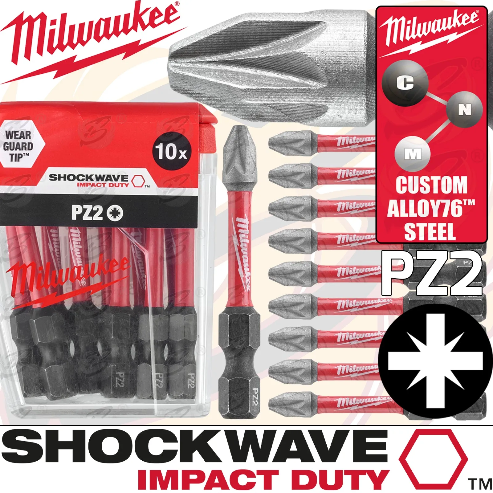 MILWAUKEE 10PCS PZ2 x 50MM PHILLIPS IMPACT DRILL / DRIVER BITS ( SHOCKWAVE IMPACT DUTY )