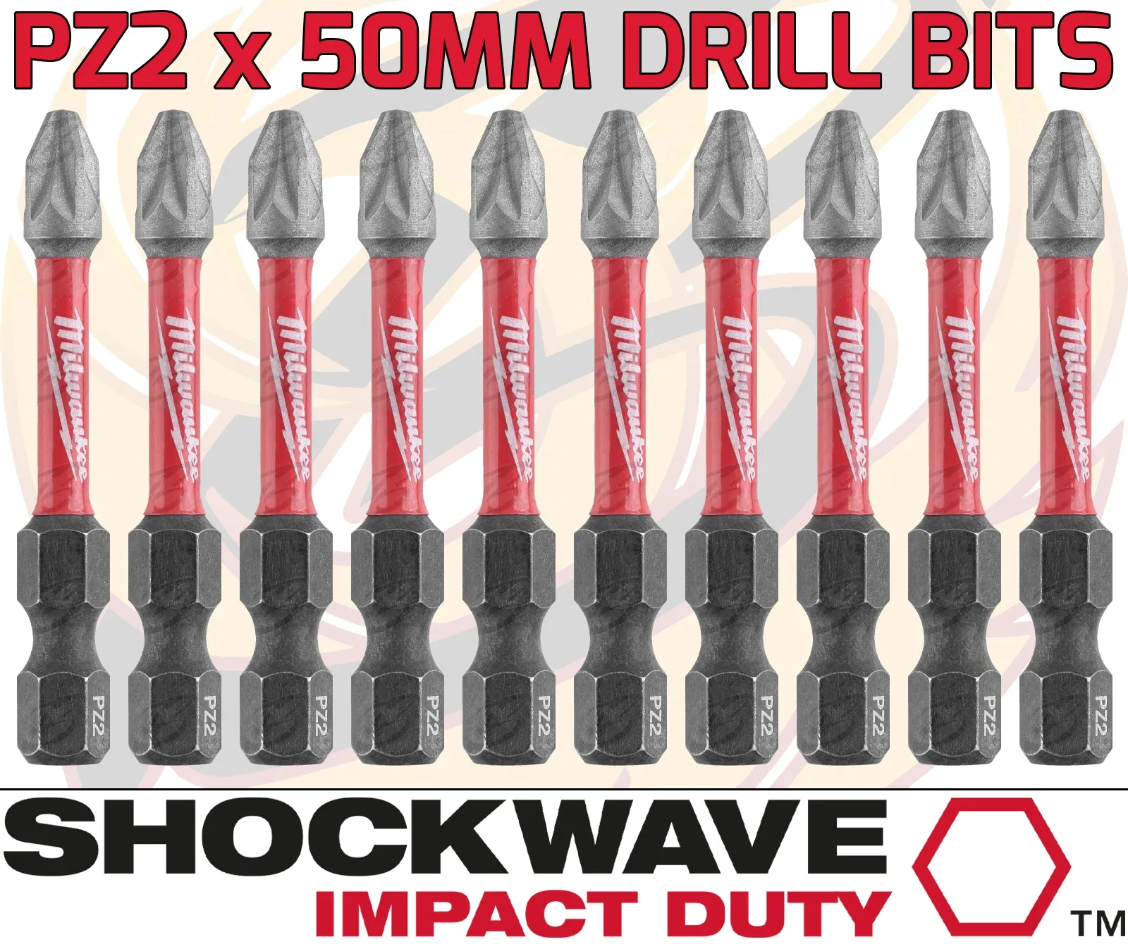 MILWAUKEE 10PCS PZ2 x 50MM PHILLIPS IMPACT DRILL / DRIVER BITS ( SHOCKWAVE IMPACT DUTY )