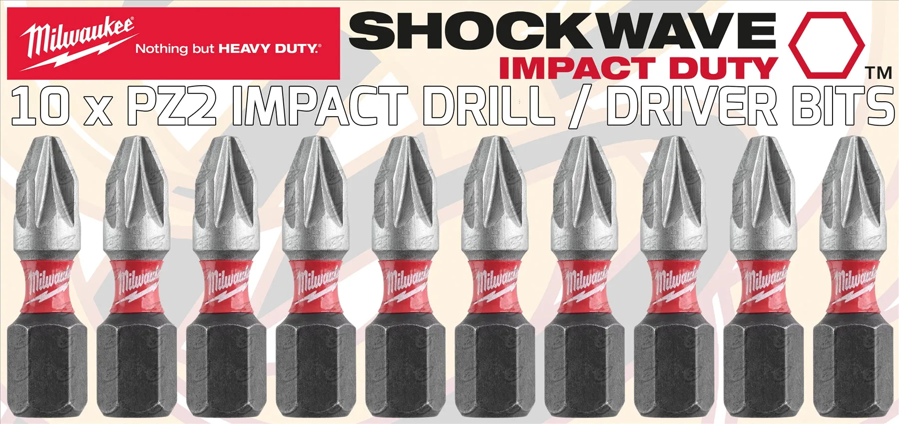 MILWAUKEE PZ2 x 25MM POZIDRIVE IMPACT DRILL / DRIVER BIT ( SHOCKWAVE IMPACT DUTY ) ( x 10 )