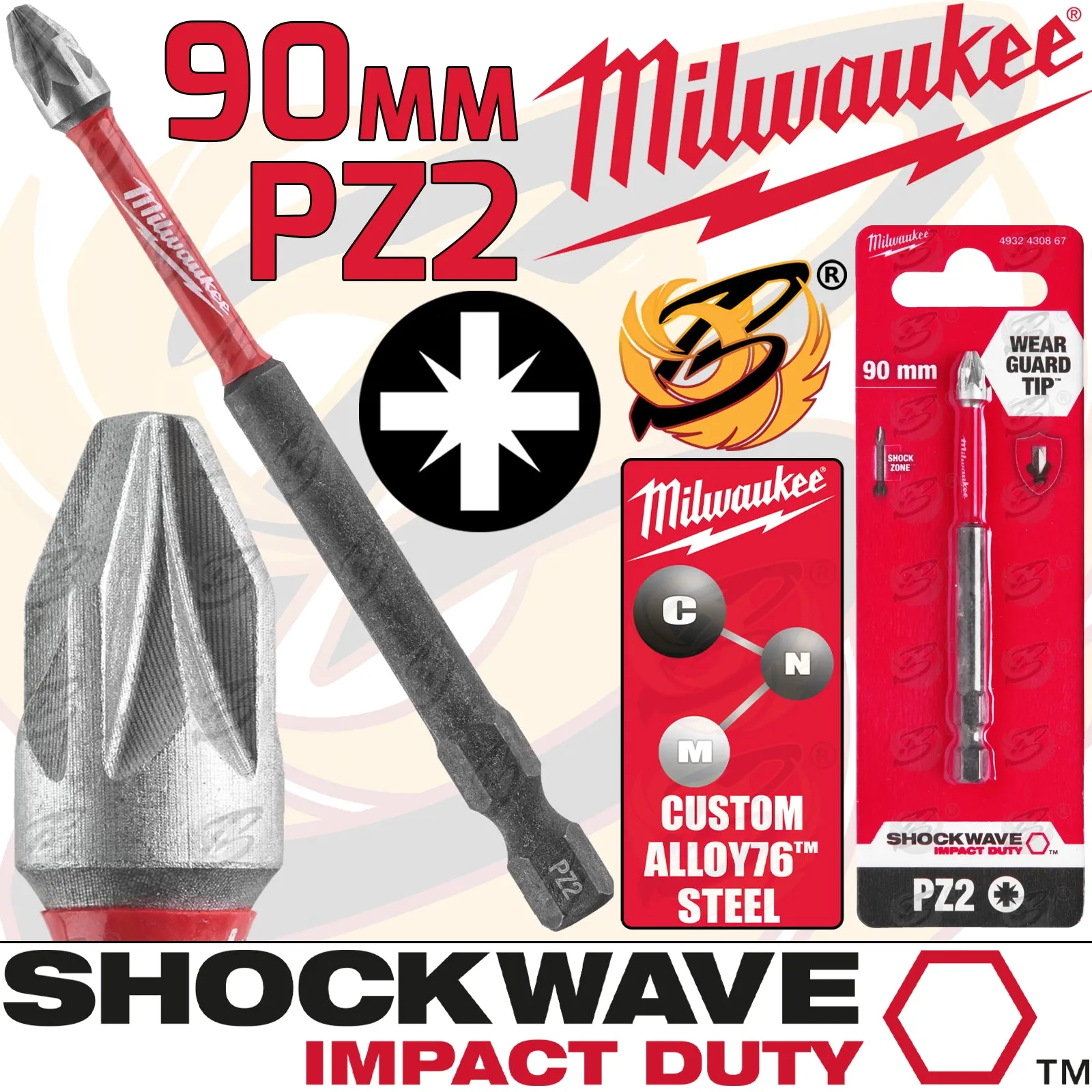MILWAUKEE PZ2 x 90MM POZIDRIVE IMPACT DRILL / DRIVER BIT ( SHOCKWAVE IMPACT DUTY )