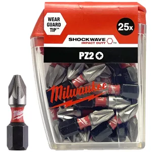 Milwaukee Shockwave Impact Duty Screwdriver Bits Pozi PZ2 x 25mm Tic Tac Box 25 Pack