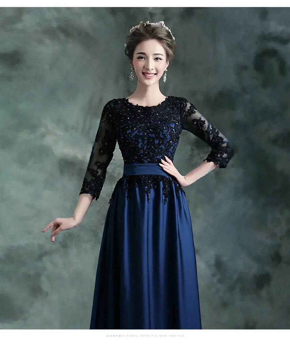 Navy Blue A-line Jewel 3/4 Sleeveless Long Prom Dresses Online,12642