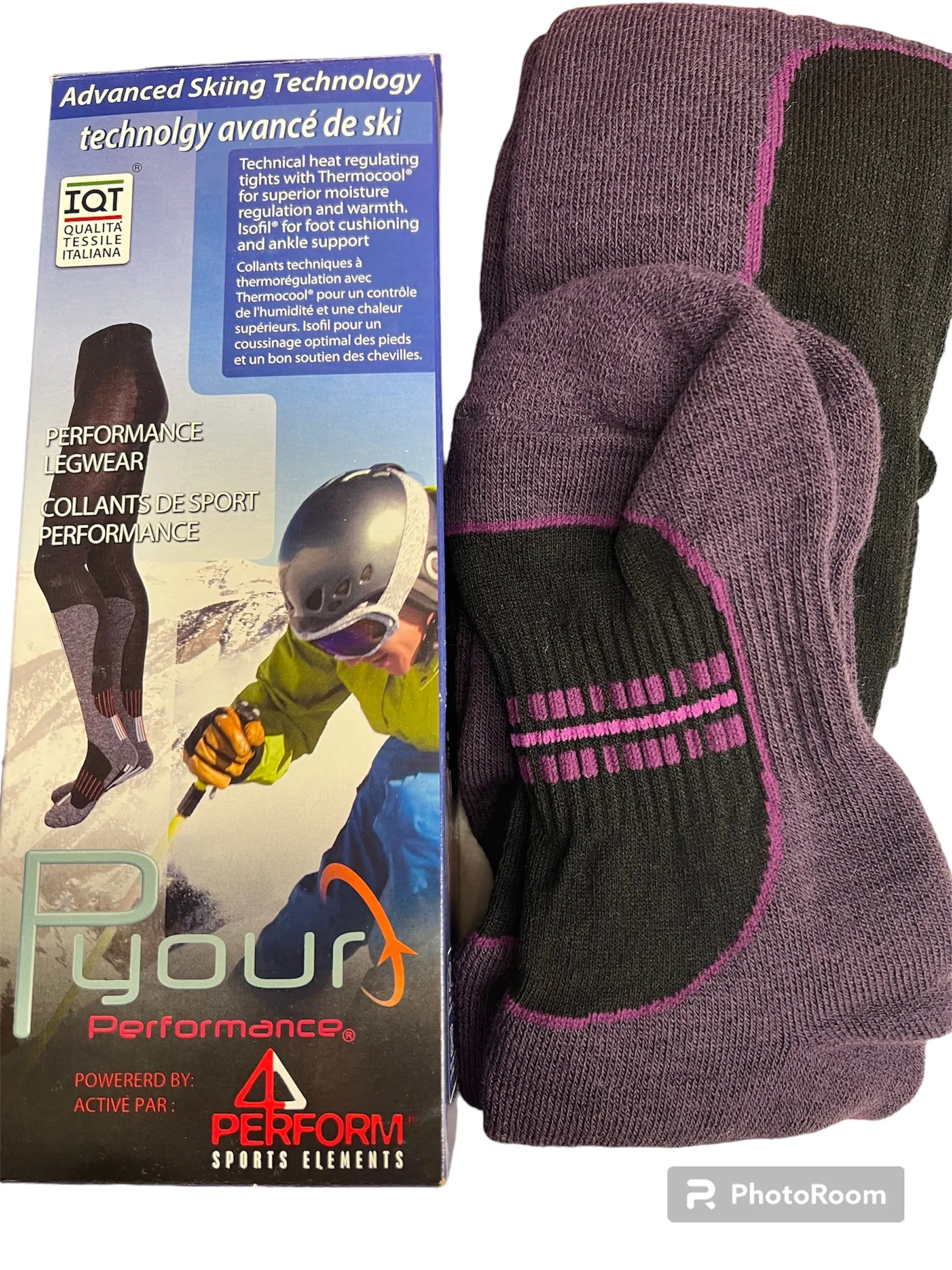 New Performance legwear for Adults with thermocool fleece lined fabric to keep warm, wicks away moisture, absorbs shock & regulates temperature! Great for any outdoor activity! Sz S Purple/Black! Made in Italy (Check sizing in description)