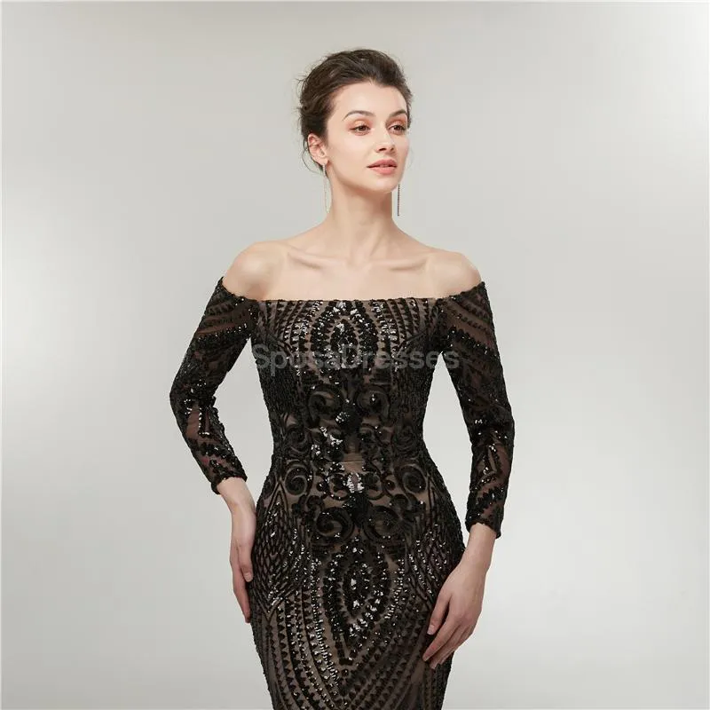 Off Shoulder Long Sleeves Black Sparkly Mermaid Long Evening Prom Dresses, Evening Party Prom Dresses, 12014