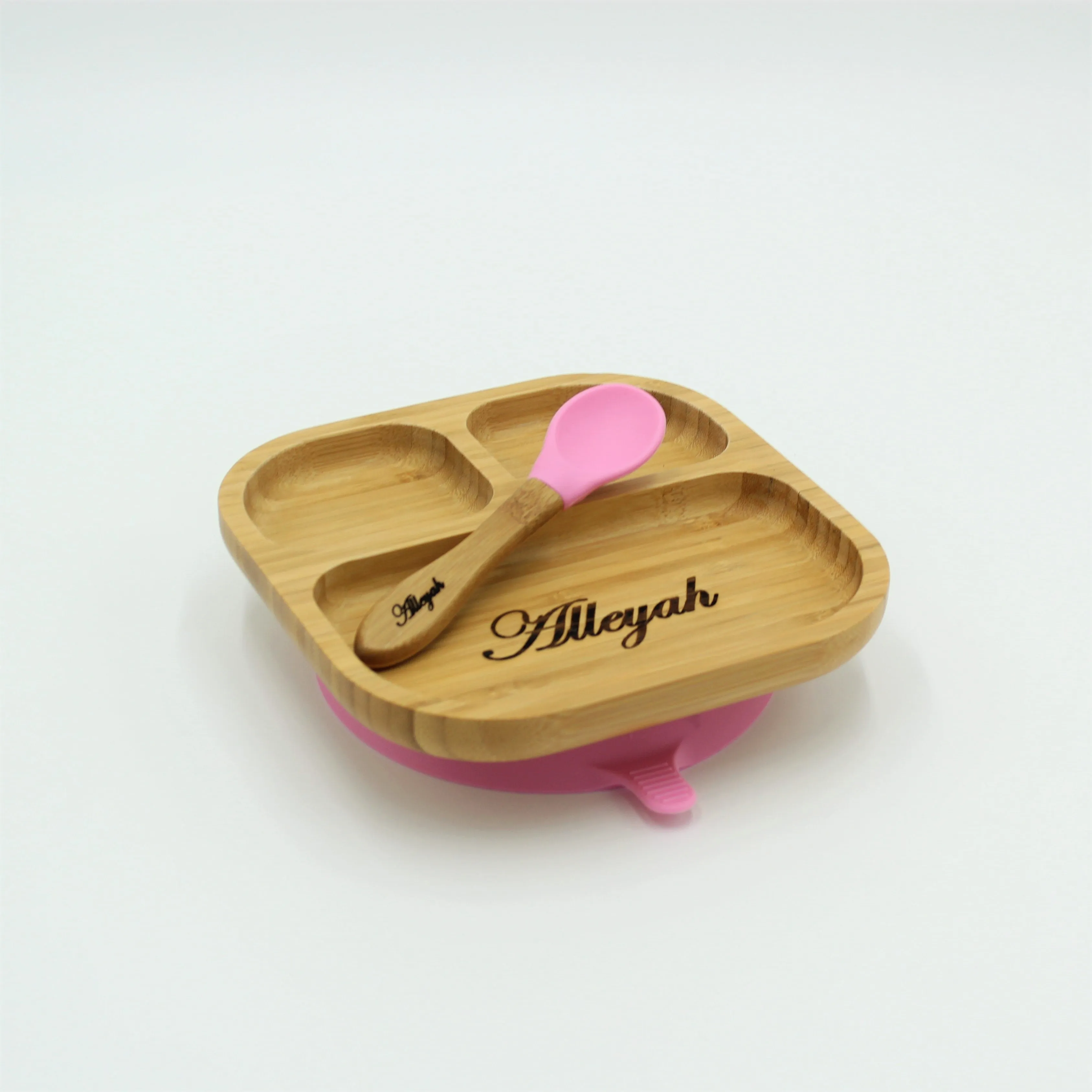 Personalised Wooden Tiny Dining Bamboo Plate with suction cup and Spoon - Pink - By Babba Box