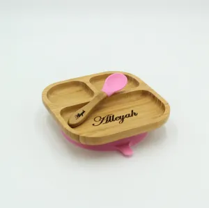 Personalised Wooden Tiny Dining Bamboo Plate with suction cup and Spoon - Pink - By Babba Box