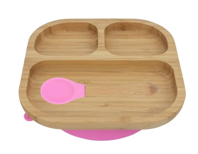 Personalised Wooden Tiny Dining Bamboo Plate with suction cup and Spoon - Pink - By Babba Box