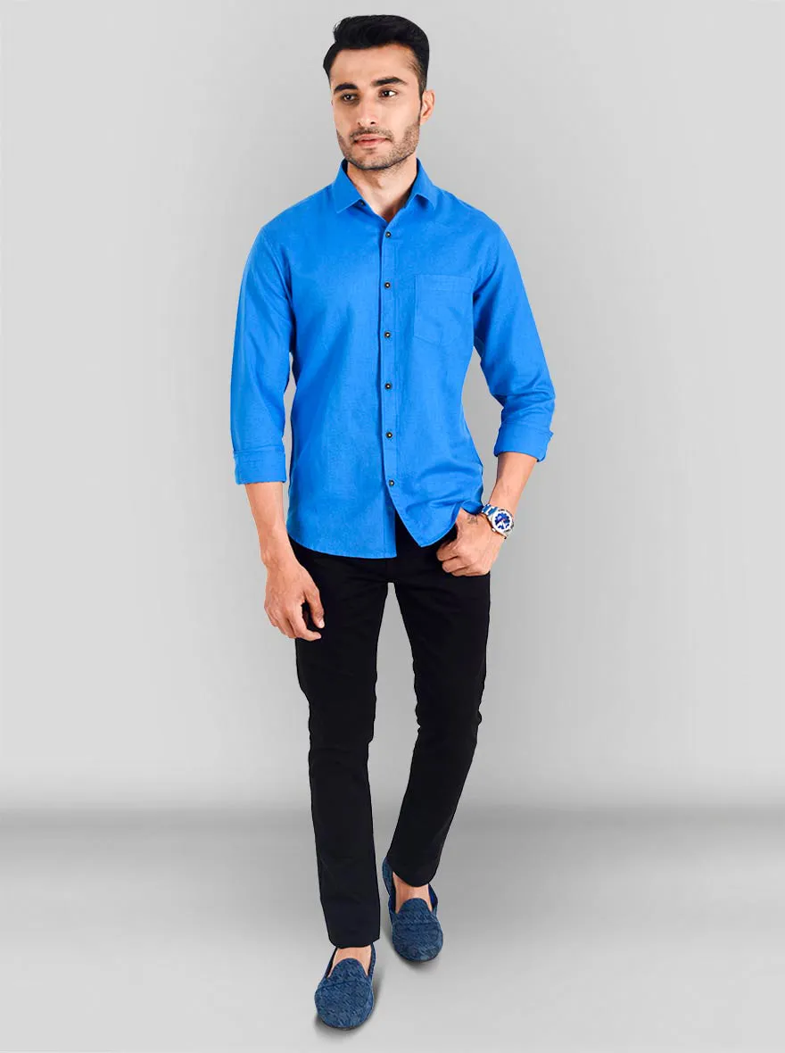 Petrol Blue Solid Slim Fit Casual Shirt | JadeBlue