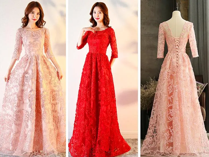 Pink Lace A-line Short Sleeves Bridesmaid Dress, Pink Long Party Dresses