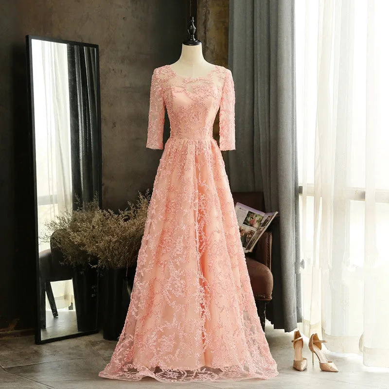Pink Lace A-line Short Sleeves Bridesmaid Dress, Pink Long Party Dresses