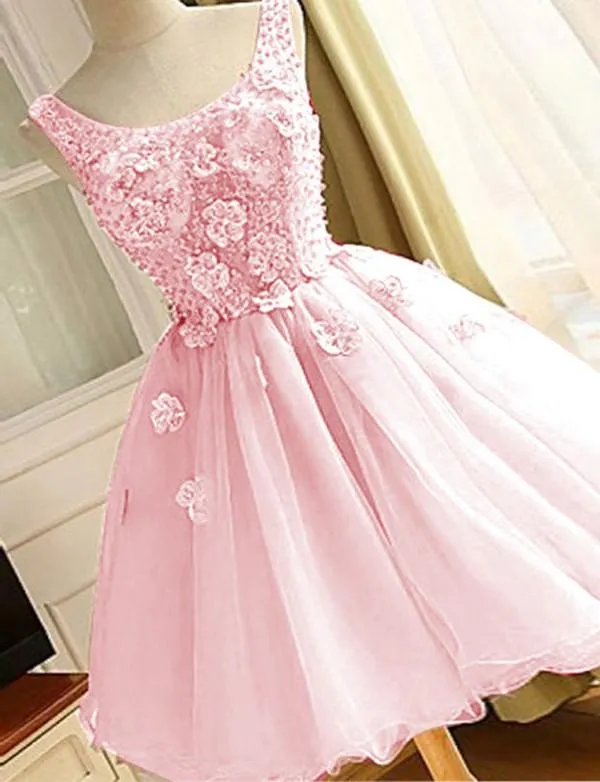 Pink Organza Beaded with Flowers Homecoming Dresses, Cute Round Short Party Dress