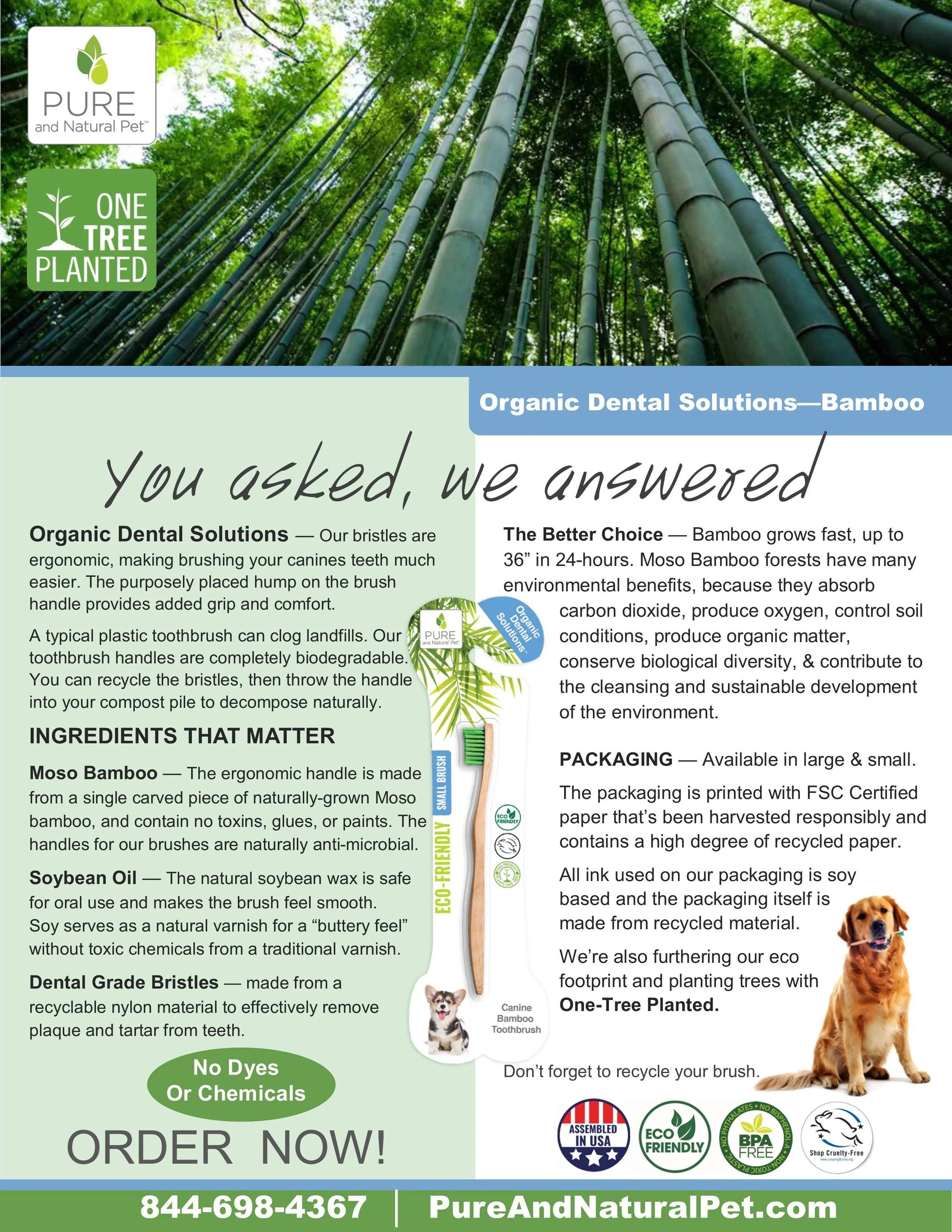 Pure and Natural Pet - Organic Dental Bamboo Toothbrush for Dogs - Small