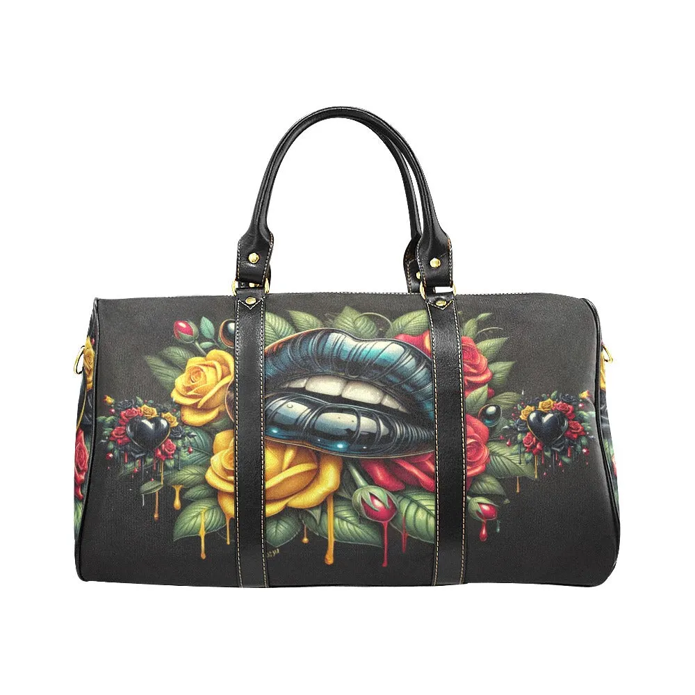 Rose Lips Hearts Waterproof Duffel Bag – Black Straps