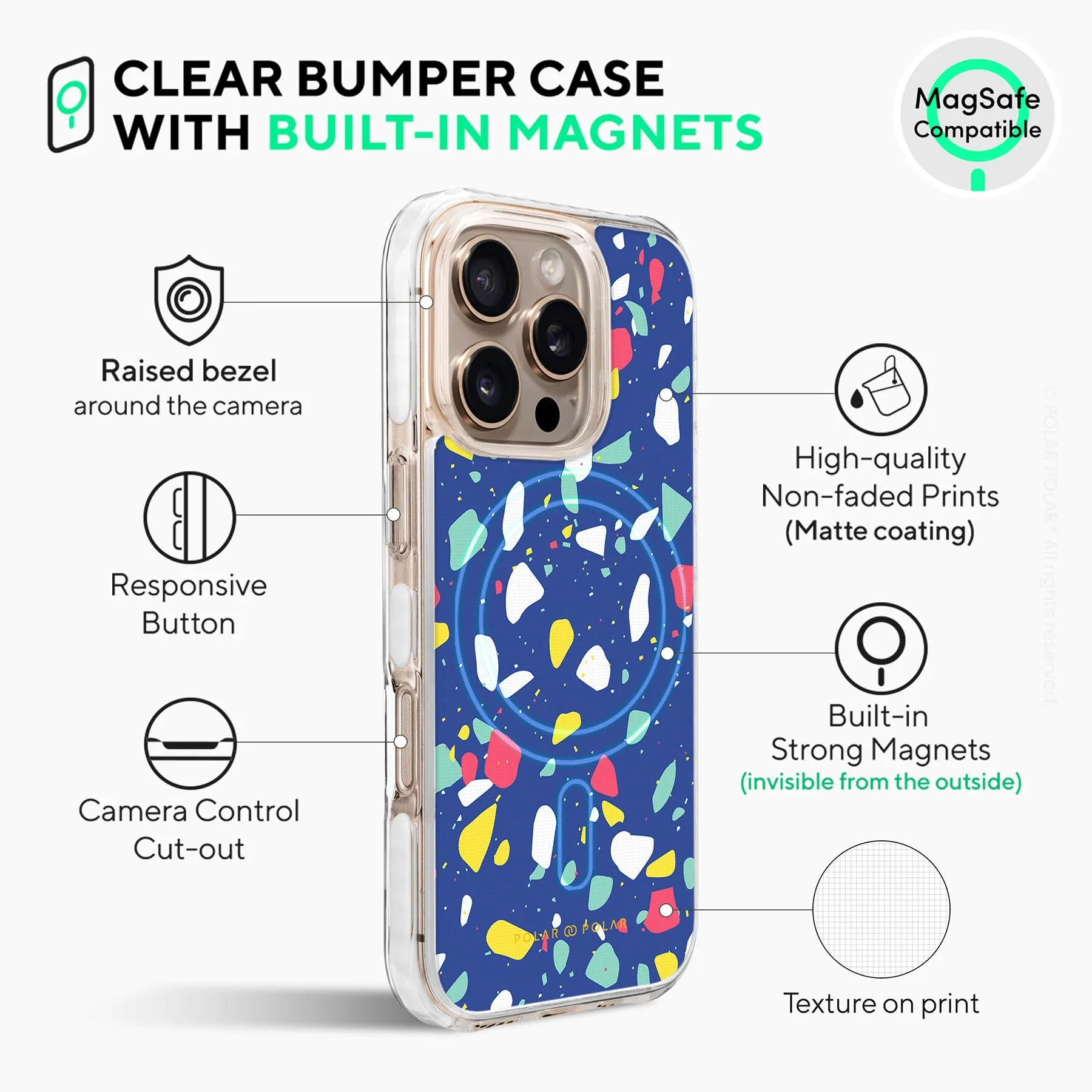 Royal Blue Terrazzo - iPhone 16 Pro Max Clear Bumper MagSafe Case